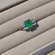 Emerald and Diamond Three Stone Diamond Engagement Ring