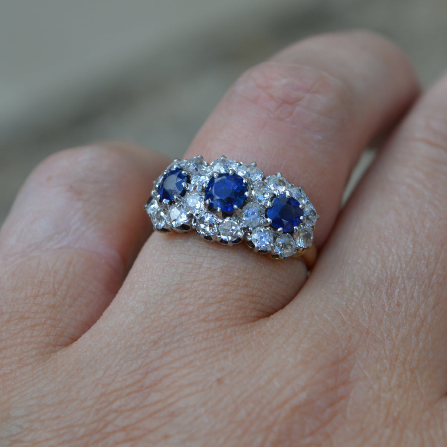 Antique Sapphire and Diamond Three Stone Cluster Ring – PI London