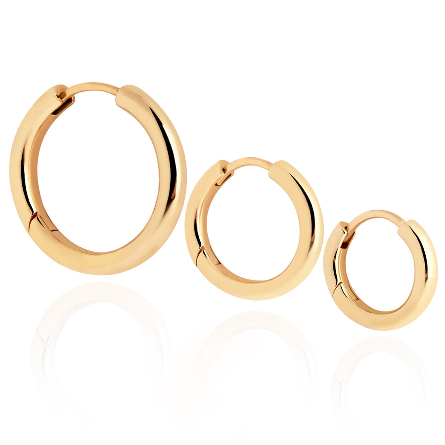 Handcrafted 9ct Solid Yellow Gold Hoops - Mini 12mm, Medium 15mm, Large 18mm