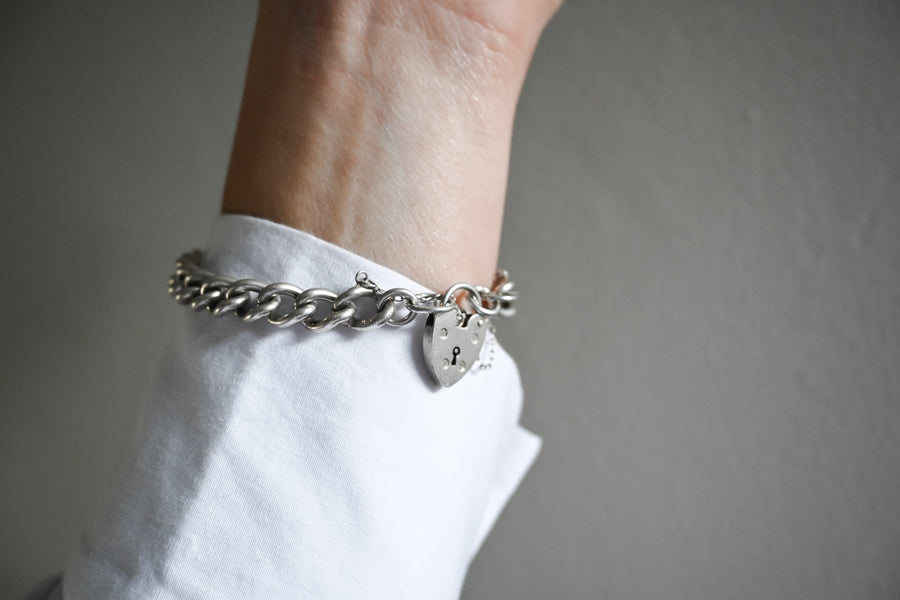 Solid Silver Heart Padlock Chunky Bracelet