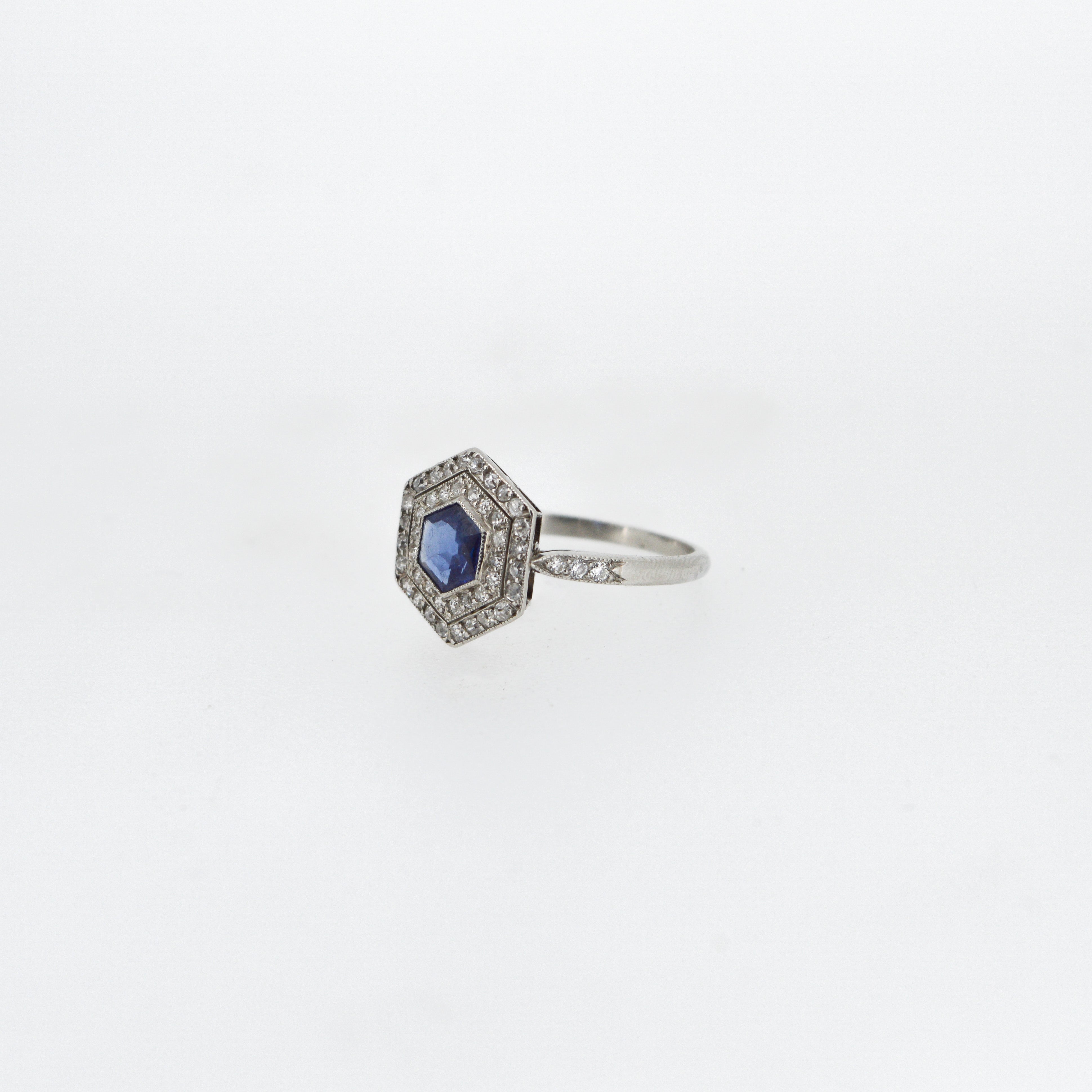 Hexagonal Sapphire and Diamond Art Deco Ring