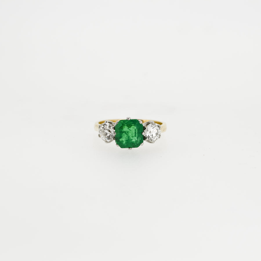 Vintage c1960's 2.39ct Colombian Emerald and 0.7ct Old European Cut Diamond Ring