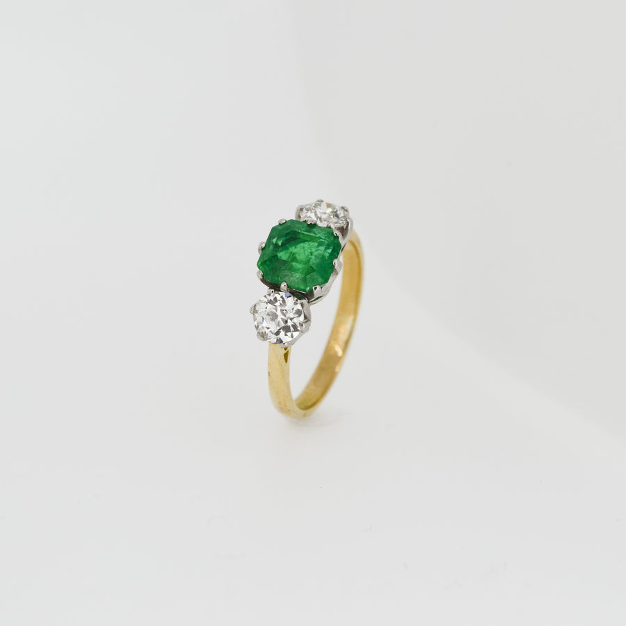 Vintage c1960's 2.39ct Colombian Emerald and 0.7ct Old European Cut Diamond Ring