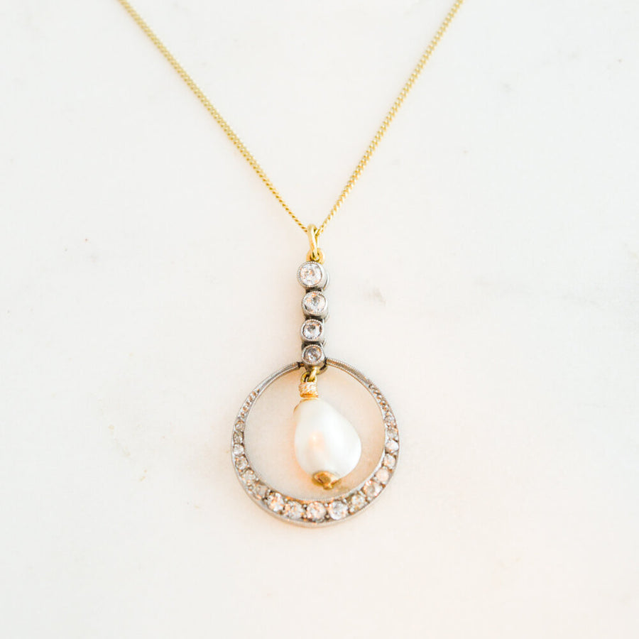 Art Deco Diamond and Pearl Drop Necklace