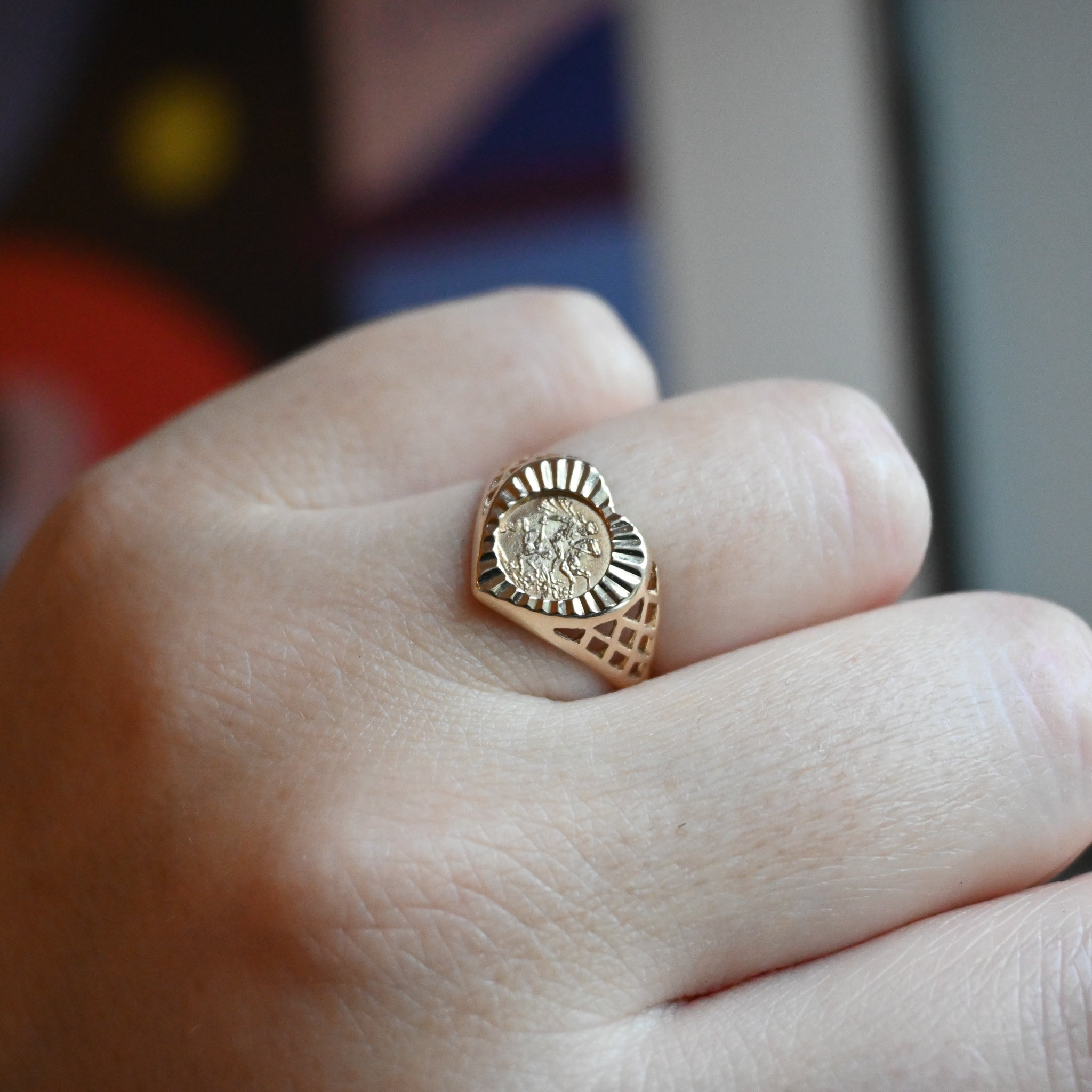 9ct Gold St George Coin Heart Ring PI London