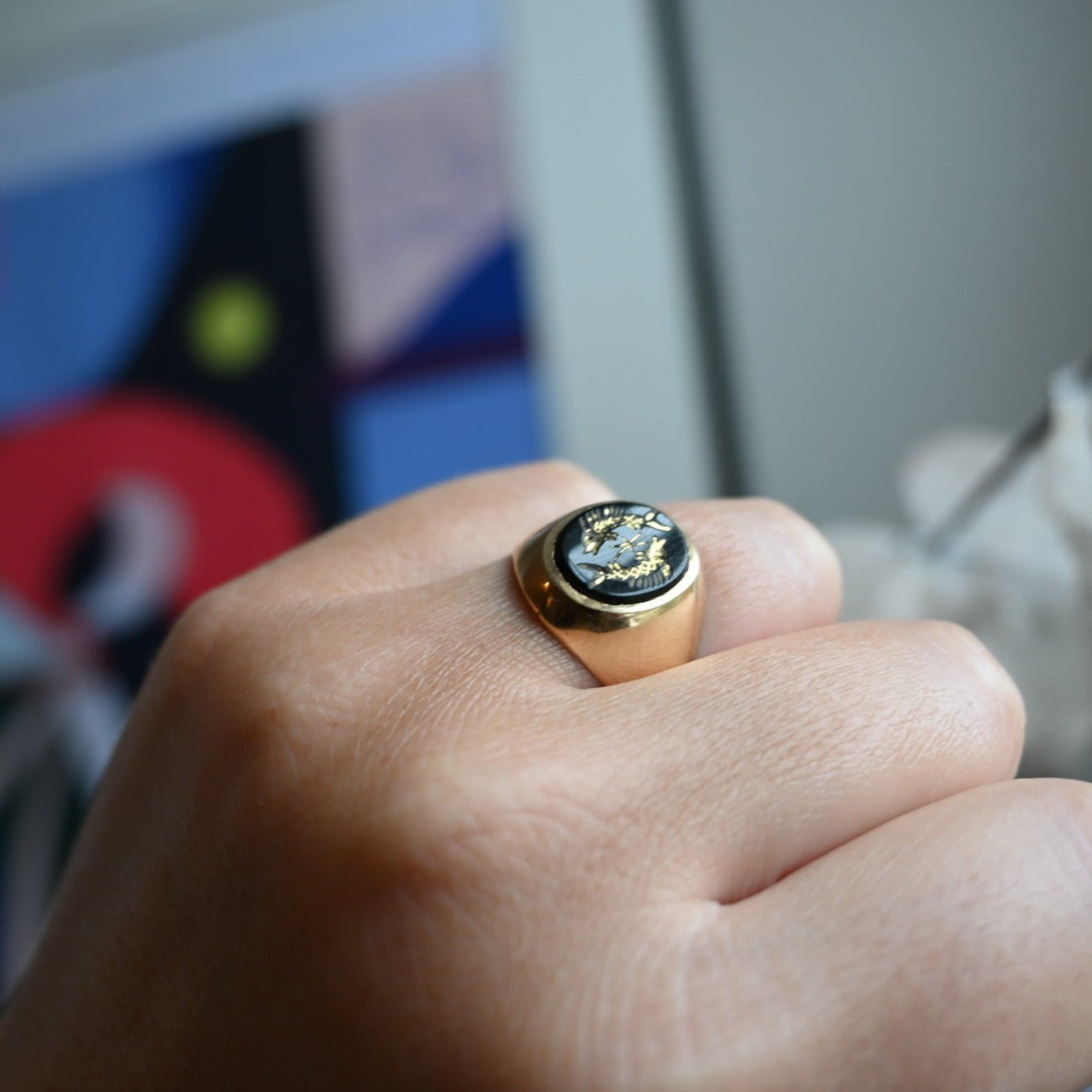 9ct Gold Onyx Pisces Ring PI London