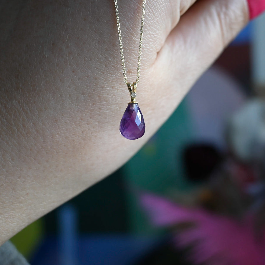 14ct Gold Diamond and Amethyst Drop Necklace