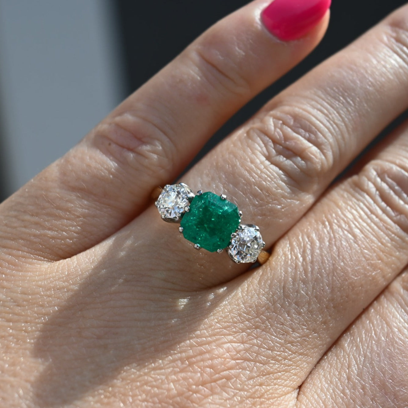 Vintage c1960's 2.39ct Colombian Emerald and 0.7ct Old European Cut Diamond Ring