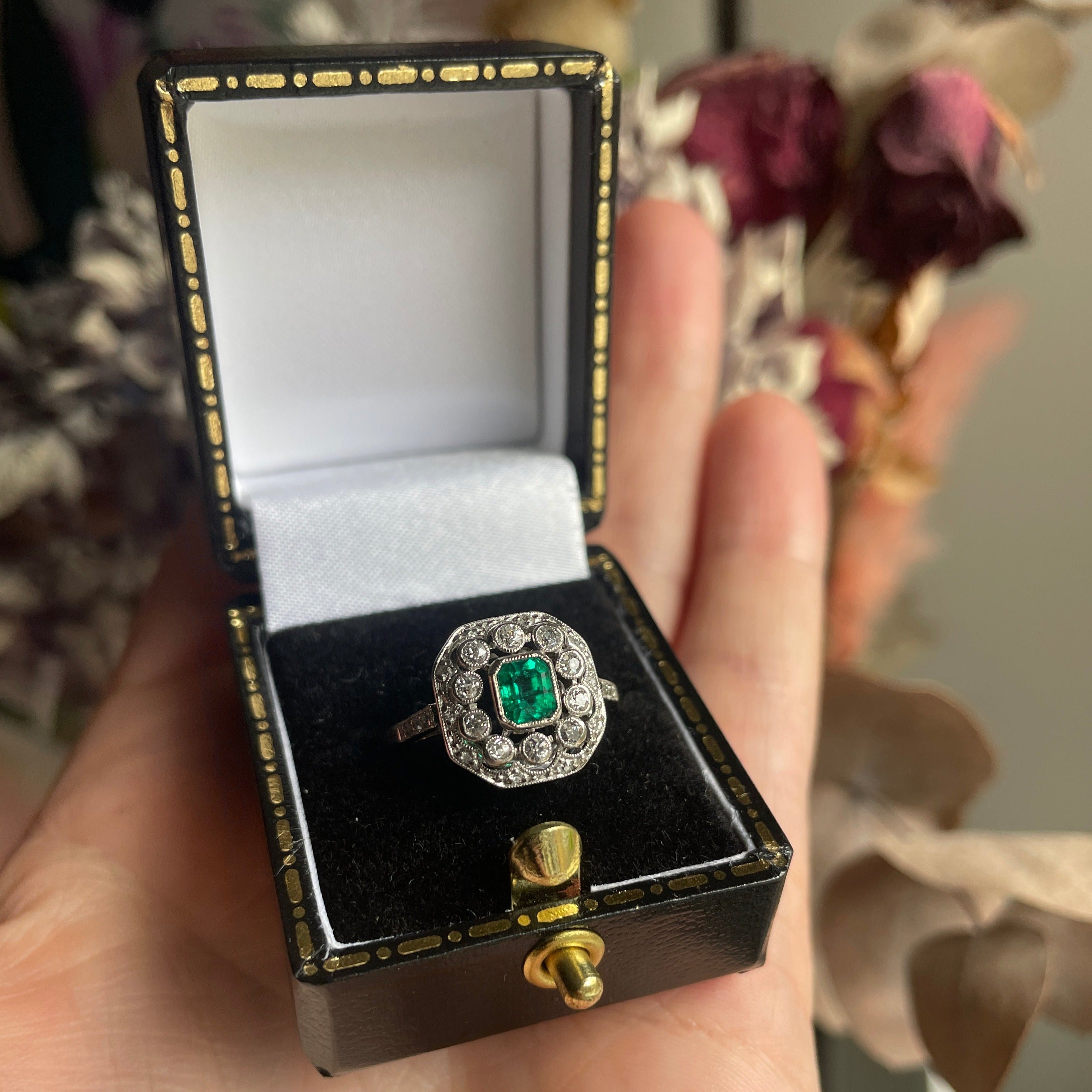 c1890 Belle Epoque Emerald and Diamond Engagement Ring
