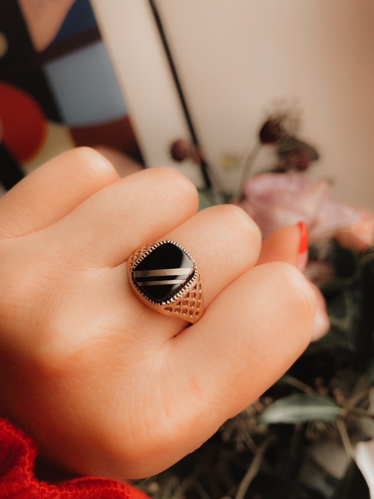 Striped Black Onyx Gold Ring