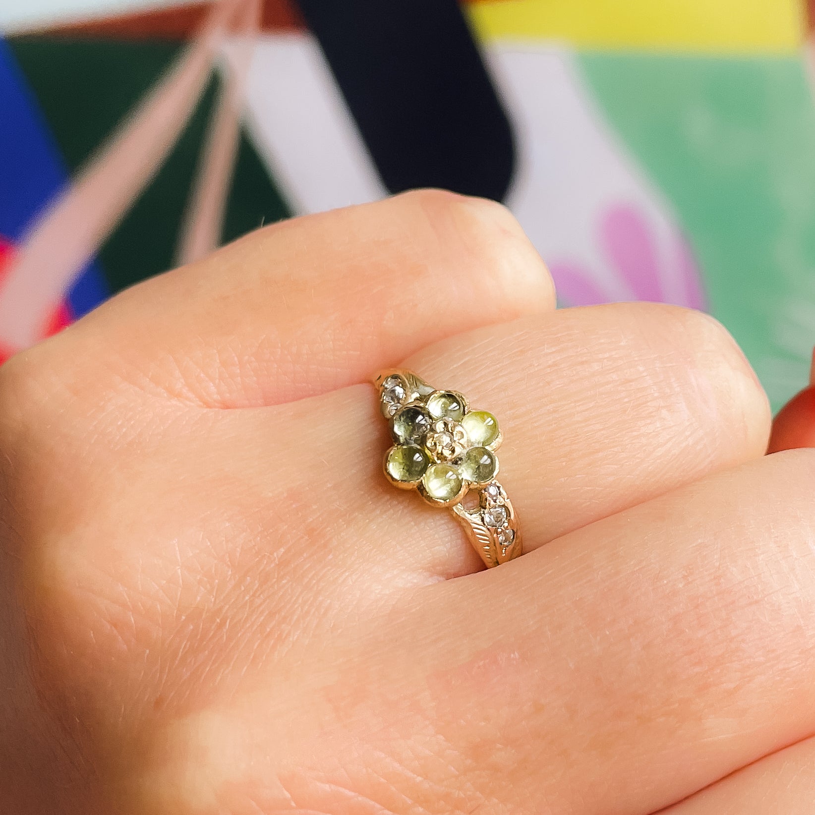 Victorian Peridot Flower and White Sapphire Ring