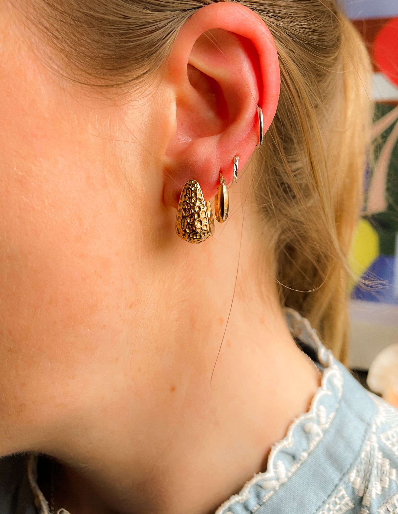 Hammered Effect Squared Gold Hoop Earrings