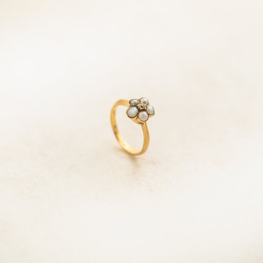 Pansy-Style Diamond and Pearl Ring