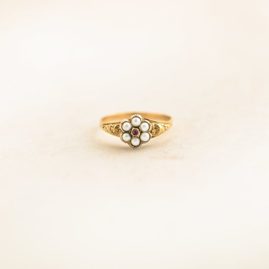 Pearl and Ruby Pansy Ring