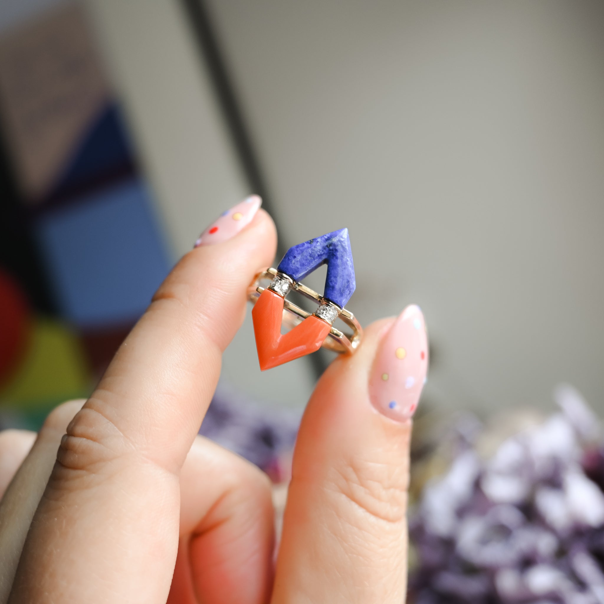 1970’s Coral, Lapis and Diamond Ring